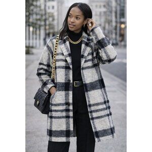 Madewell Women’s Plaid Wool Blend Coat Sherpa Lined Size S Black Gray Jacket